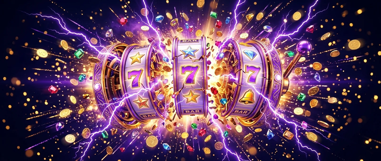 Yukon Gold casino slot reels exploding with gold coins, gems and violet lightning